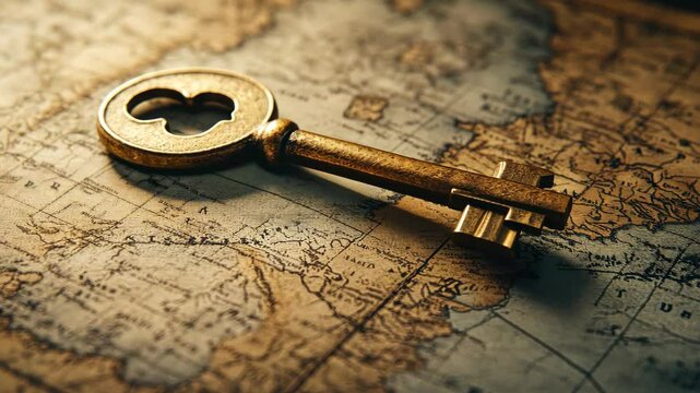 Vintage gold key rotating on ancient map background with warm lighting