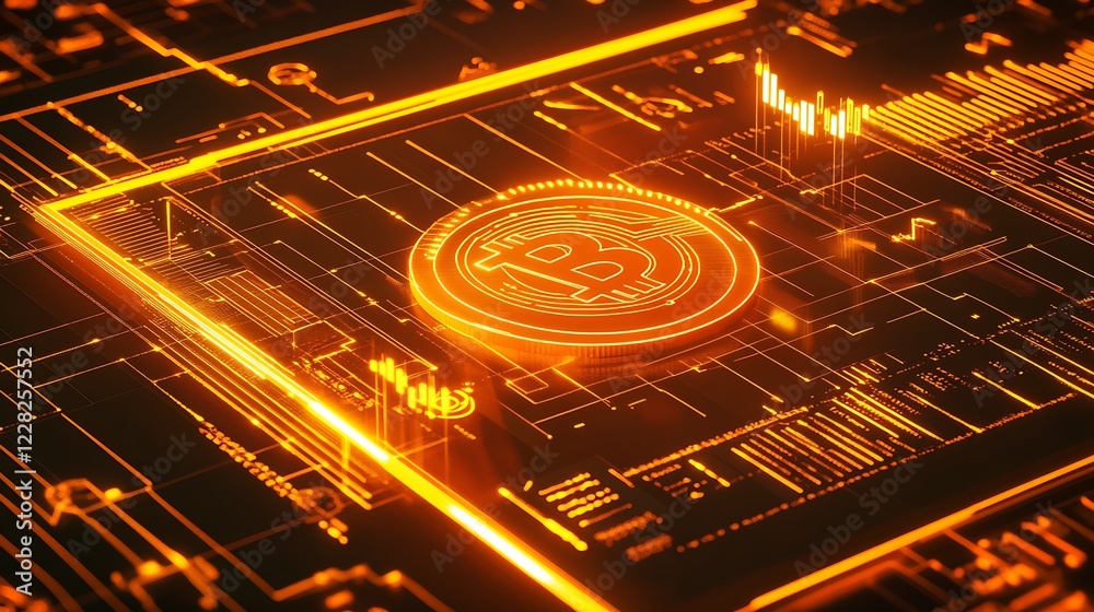 Poster futuristic bitcoin cryptocurrency technology circuit design with orange glow aesthetics : generative