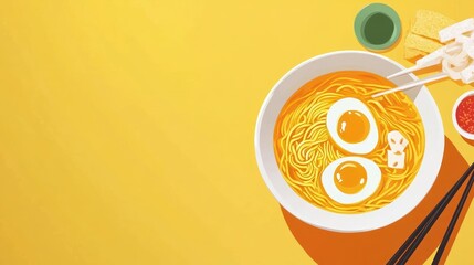 Delicious Ramen Noodles Bowl with Soft Boiled Eggs