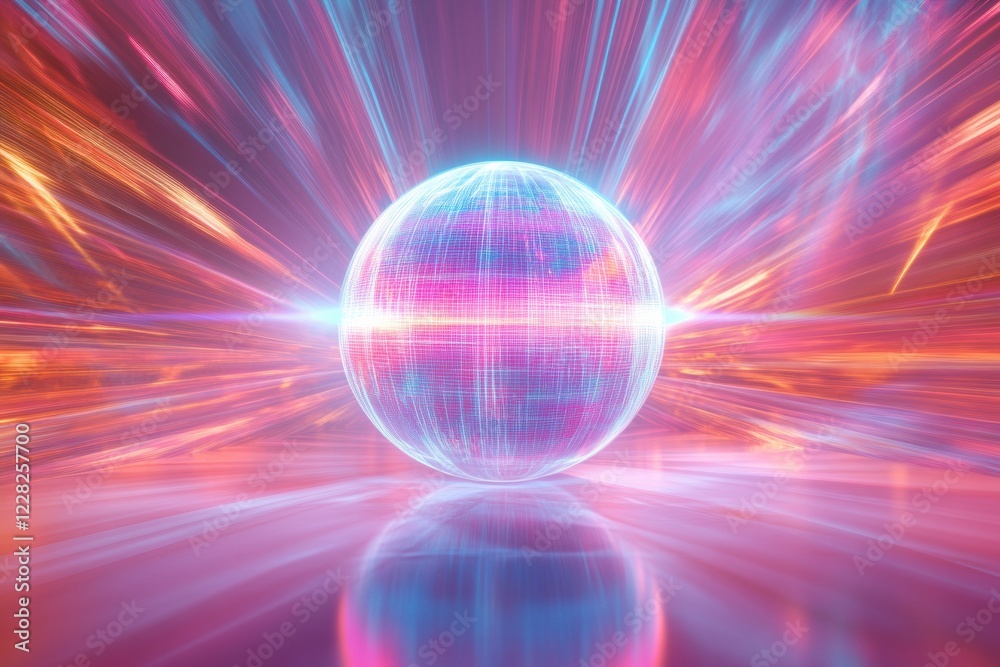 Leinwandbilder Spinning globe emits glowing contour lines while surrounded by vibrant light rays in a digital environment. Generative AI