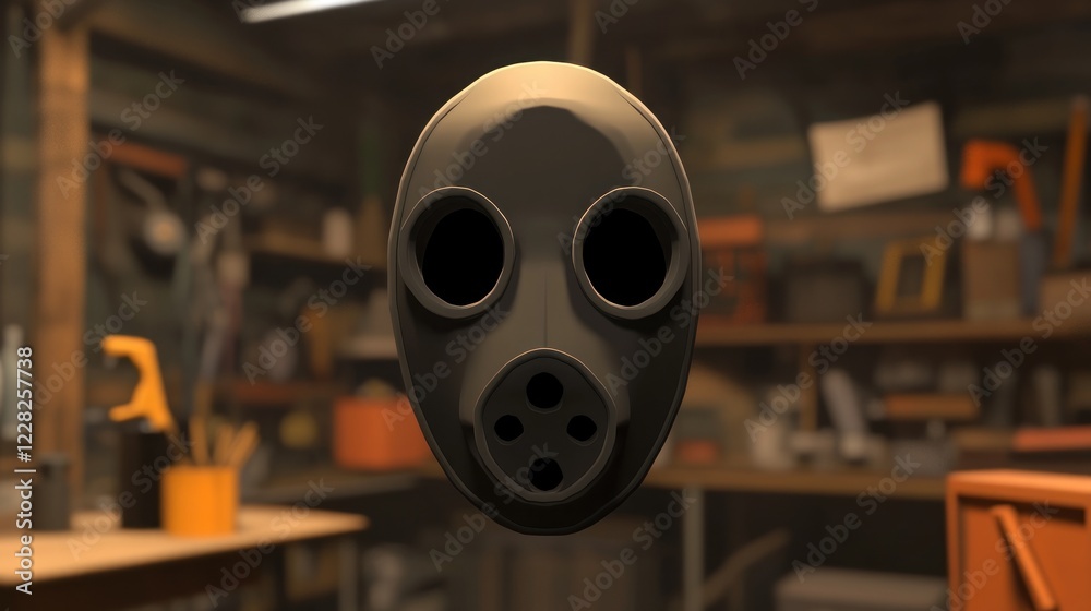 Poster black gas mask rendered in a workshop setting