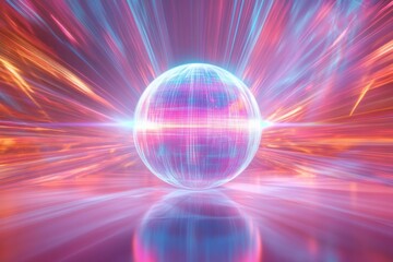 Obraz premium Spinning globe emits glowing contour lines while surrounded by vibrant light rays in a digital environment. Generative AI