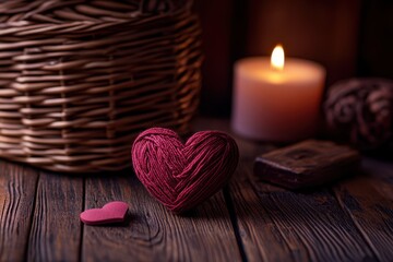 Fototapeta premium A glowing heart-shaped object rests on a table, illuminated by the soft flicker of a candle, radiating warmth and love on Valentine's Day.