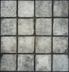 old cracked gray concrete sidewalk, square concrete old cracked paving stone texture for visualization and games, generative AI