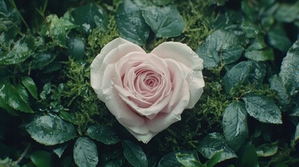 A delicate pink rose blooms gracefully at the heart of a vibrant green bush, embodying love's beauty and the spirit of Valentine's Day.