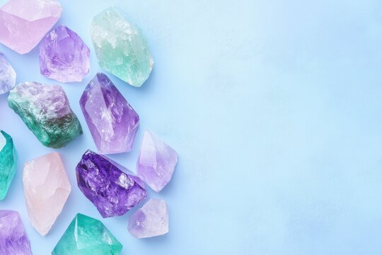 Artistic flat-lay of natural lilac, green, and deep gray-purple crystals arranged on a delicate pastel background conveying a mystical and serene atmosphere