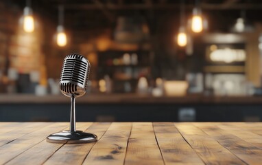 Vintage Microphone on Wooden Table in a Cozy Cafe