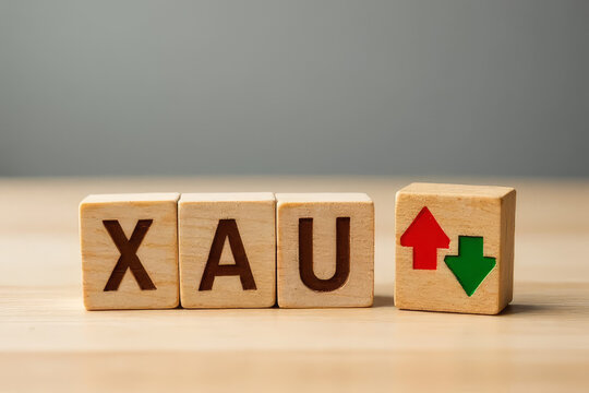 wooden blocks with the inscription xau and a block symbolizing the rise and fall of financial markets AI Generate