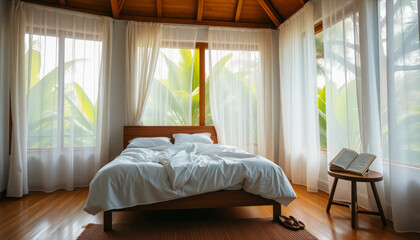 Bright tropical bedroom with wooden furniture, white curtains, and lush green plants outside the large windows.