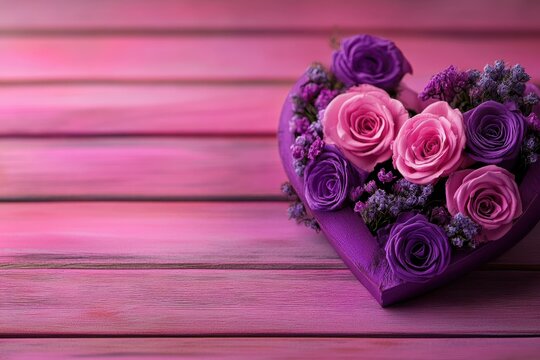 A heart-shaped box cradles delicate purple roses, resting on a rustic wooden table, embodying love's elegance and charm for Valentine's Day.