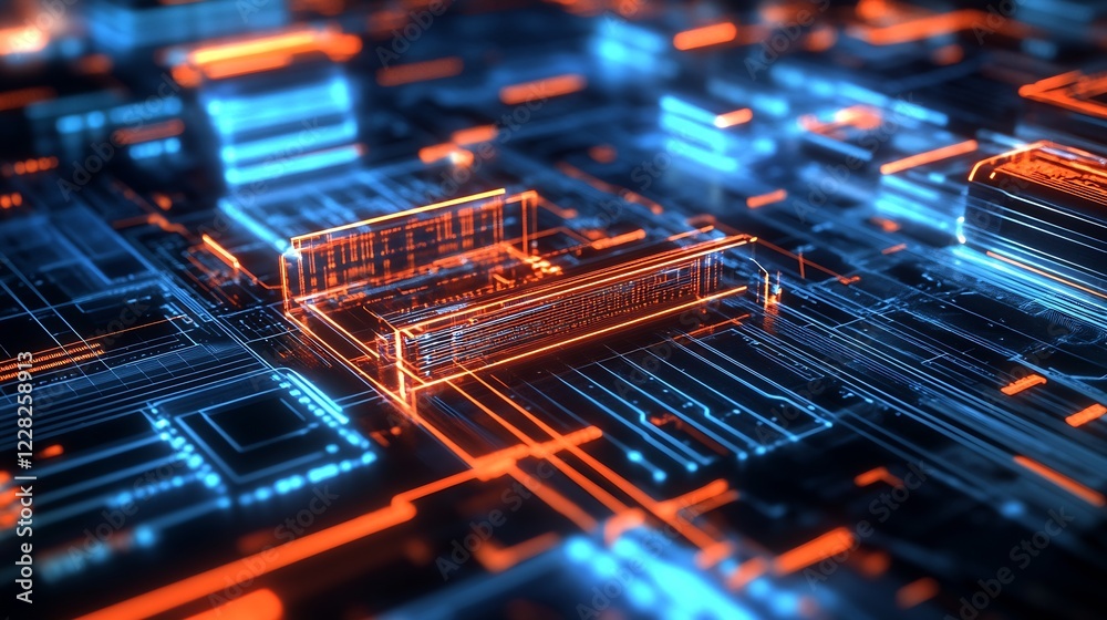 Poster Abstract Digital Circuit Network in Neon Blue and Orange Hues : Generative AI