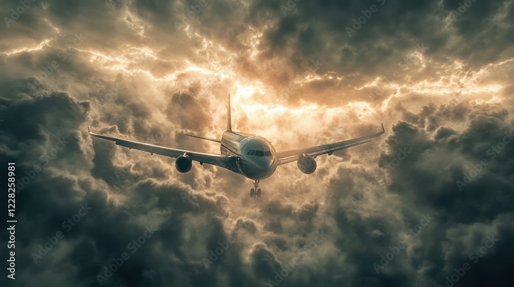 Poster airplane flying through dramatic storm clouds with sunlight breaking in the background during a turb