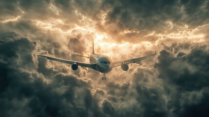 Airplane flying through dramatic storm clouds with sunlight breaking in the background during a turbulent journey. Generative AI