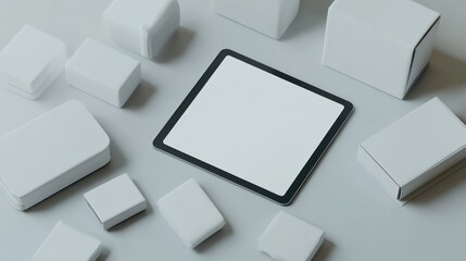 Tablet Displayed Amongst Various White Boxes