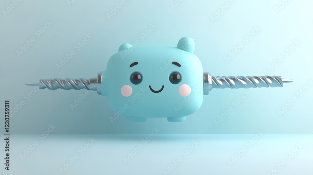 Poster cute blue robot character with drill bits