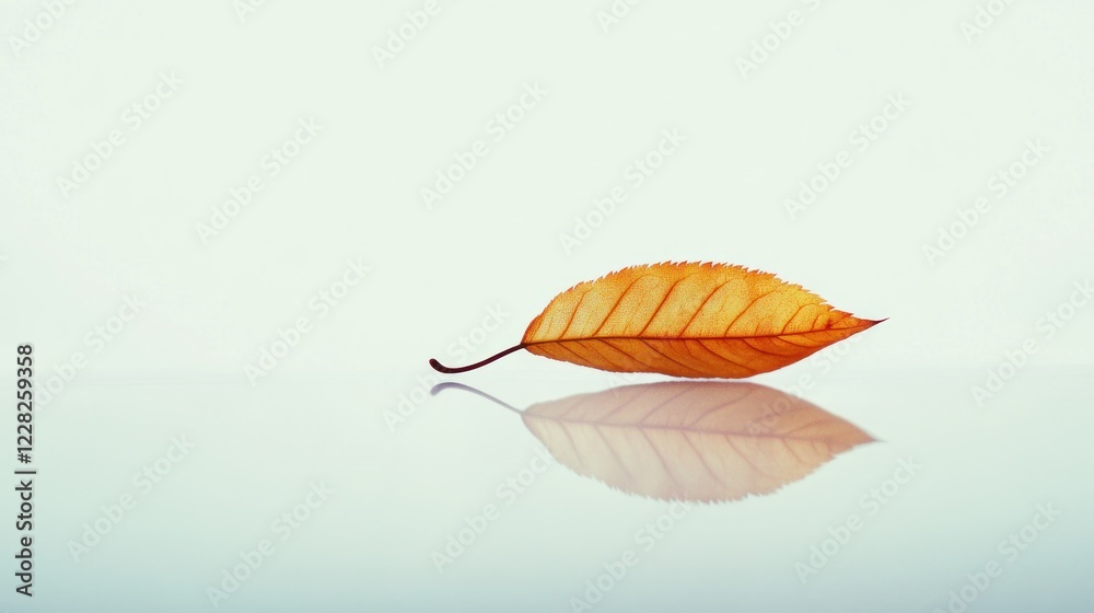 Poster single autumn leaf reflection on smooth surface