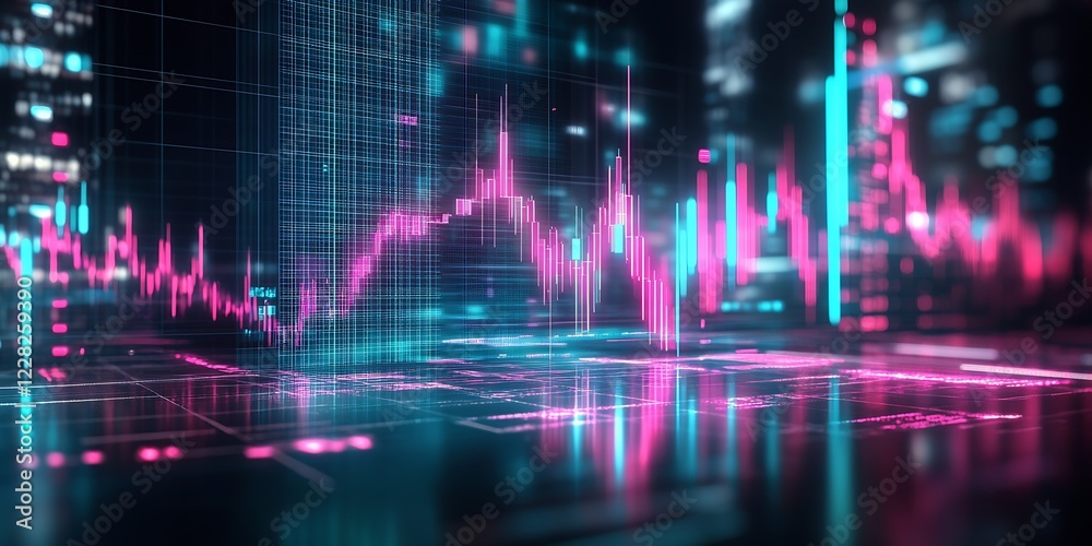 Aufkleber Neon Stock Market Data with Digital Graphs in a Futuristic Setting : Generative AI