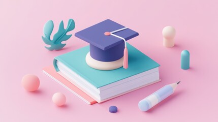 Graduation cap rests atop a pastel book with supplies