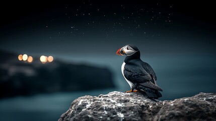 Atlantic puffin perched on coastal rock at night, lights blurred background