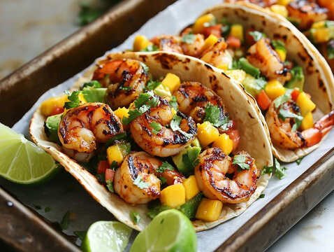 Grilled shrimp tacos with mango salsa and lime