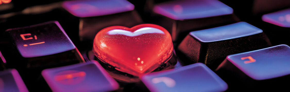 Keyboard adorned with a glowing red heart symbolizing love for technology and gaming during late night sessions