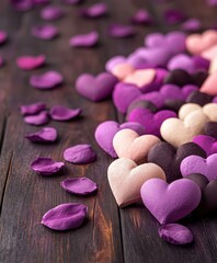 Obraz premium A whimsical collection of purple and pink hearts mingles with delicate petals on a rustic wooden table, evoking romance and celebration for Valentine's Day.