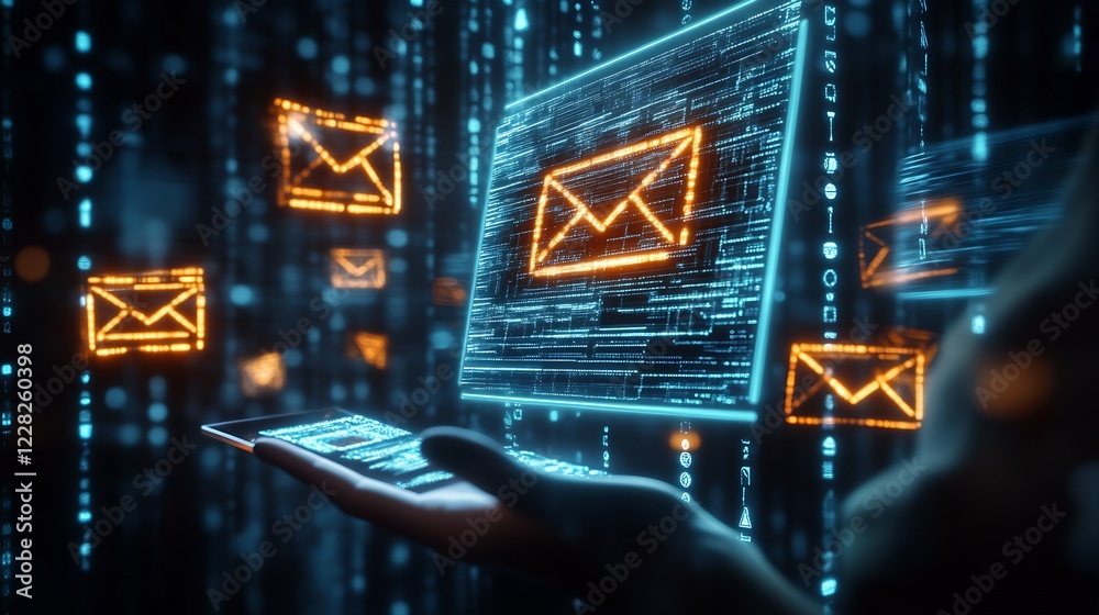 Aufkleber Futuristic Digital Email Interface with Glowing Icons and Advanced Data Visualization : Generative AI