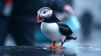 Atlantic puffin perched on dark surface, city background, wildlife photography