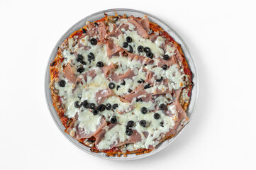 a traditional Italian Capricciosa pizza with tomato, mozzarella, mushrooms, cooked ham and black olives from above isolated on white background
