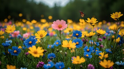 Butterfly over colorful wildflowers, meadow, summer, nature, peaceful scene, garden, floral background, website, blog