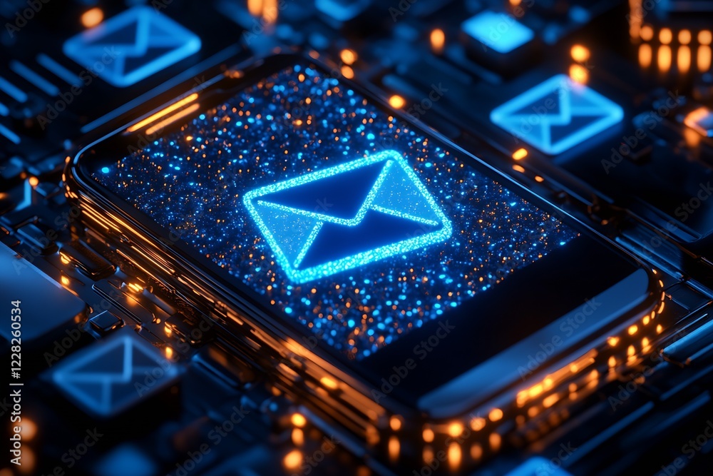 Poster futuristic smartphone with glowing email icon in a digital neon technology background : generative a