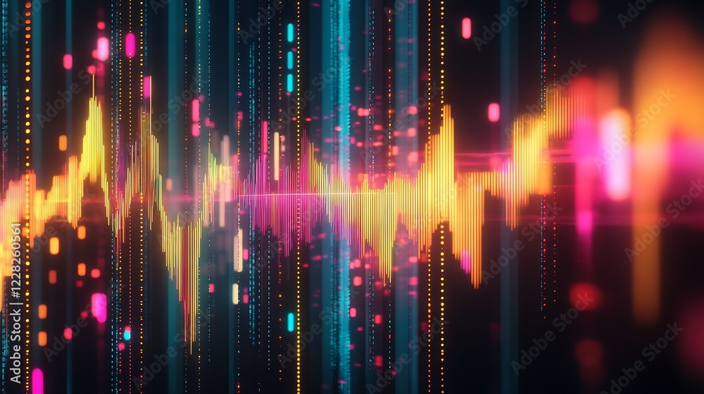Poster Dynamic digital soundwave pattern with bright colors and glowing particles : Generative AI
