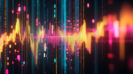 Fototapeta premium Dynamic digital soundwave pattern with bright colors and glowing particles : Generative AI