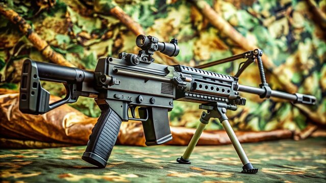 Minimalist Military Weapon: Camouflaged M249 Light Machine Gun with Tactical Gear