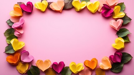 Fototapeta premium A vibrant circle of delicate paper flowers blooms against a soft pink backdrop, radiating love and joy, perfect for celebrating Valentine's Day.