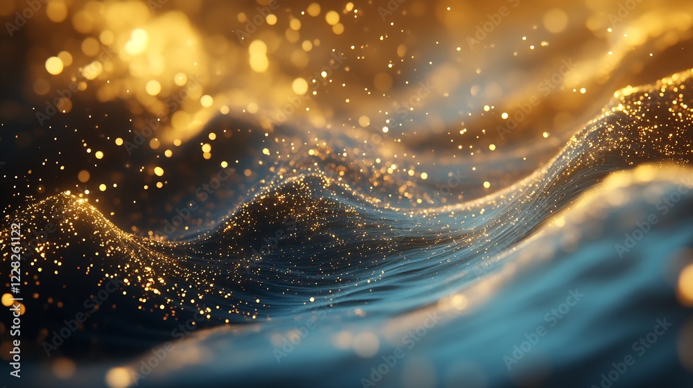 Aufkleber Abstract Golden Wave with Glowing Dust Particles in Dimly Lit Setting for Mystical and Dreamy Background : Generative AI