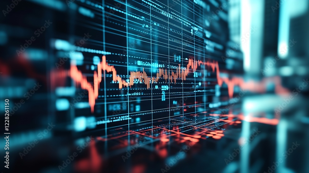 Poster Financial Graphs and Metrics on Futuristic Digital Screen with City View : Generative AI