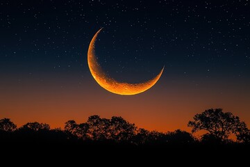 Fototapeta premium Crescent moon rising over silhouetted trees at dusk, starry night
