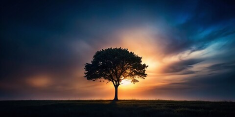 Minimalist Night Tree Painting: Dark Sky, Single Silhouette, Artistic, Night Landscape