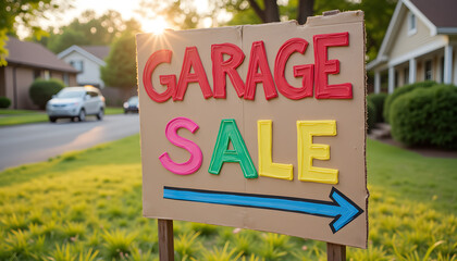 Garage sale sign directing towards sale event