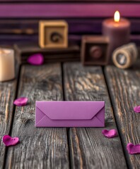 A charming purple envelope rests atop a rustic wooden table, surrounded by delicate pink petals and flickering candles, setting a romantic Valentine's ambiance.