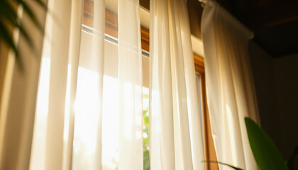 White sheer curtains illuminated by natural sunlight, creating a warm, peaceful interior atmosphere.