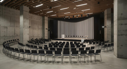 Modern conference hall with chairs and a stage