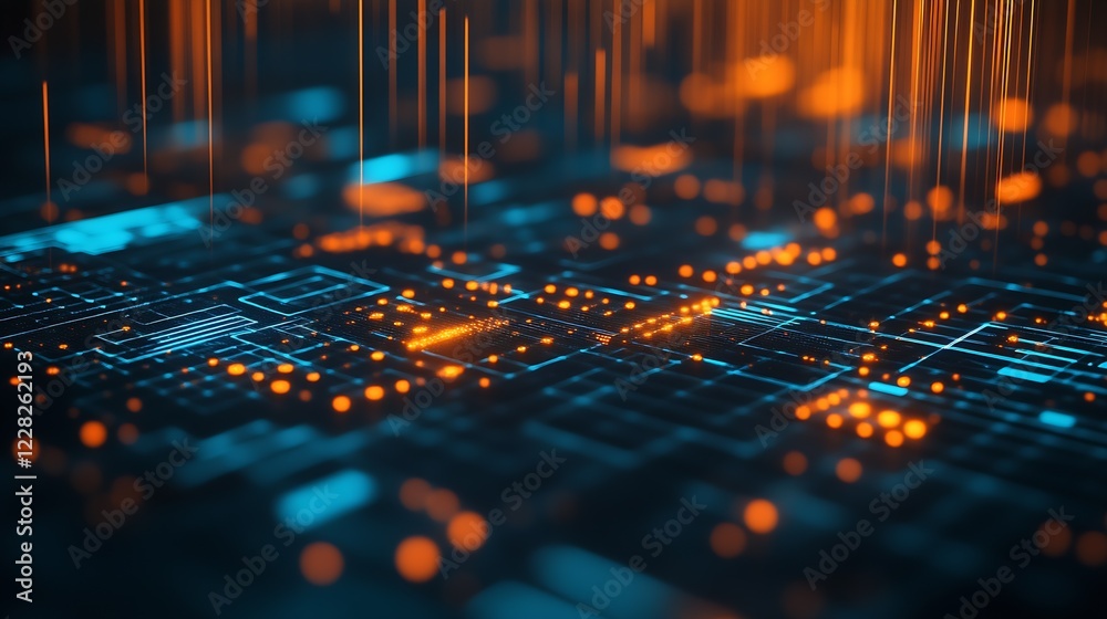 Poster Dynamic Abstract Network Design with Illuminated Orange and Blue Circuit Pattern : Generative AI