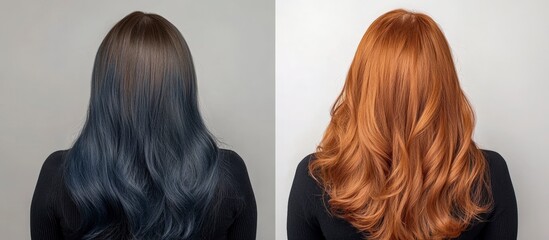 Woman's Hair Transformation: Before & After Dark Blue to Copper Red