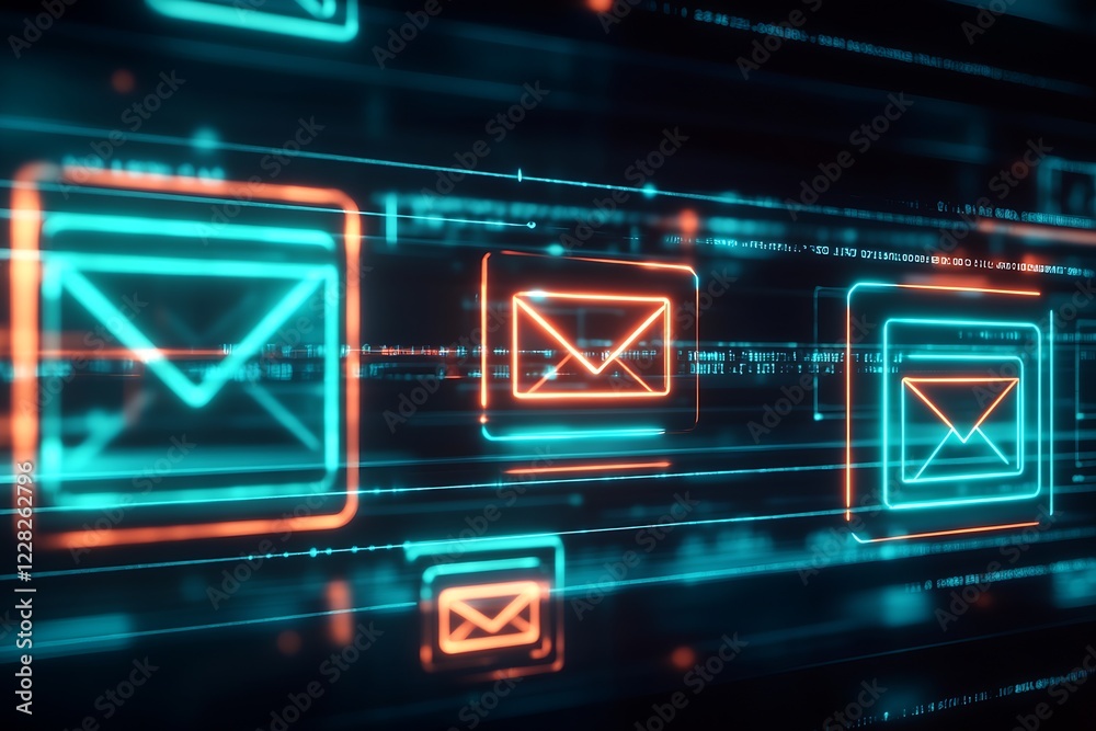 Poster futuristic neon email iconography in digital technology interface : generative ai