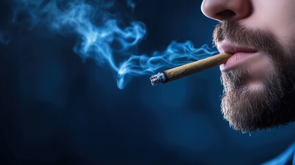 Close-up of a man smoking a cigar with smoke swirling in a dark background. Concept of relaxation, habit, and luxury.