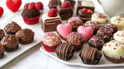 An assortment of exquisite chocolate truffles and pralines, including heart-shaped ones, arranged on elegant plates with decorative fillings