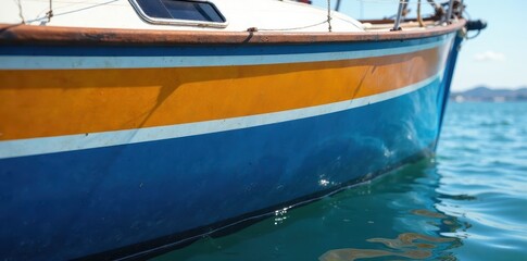 Obraz premium Striped blue sailboat hull, high-detail antifouling application , sea, hull, painted