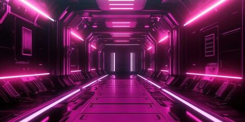 Neon Pink Futuristic Spaceship Corridor: A Digital Artwork of a Sci-Fi Spaceship Interior